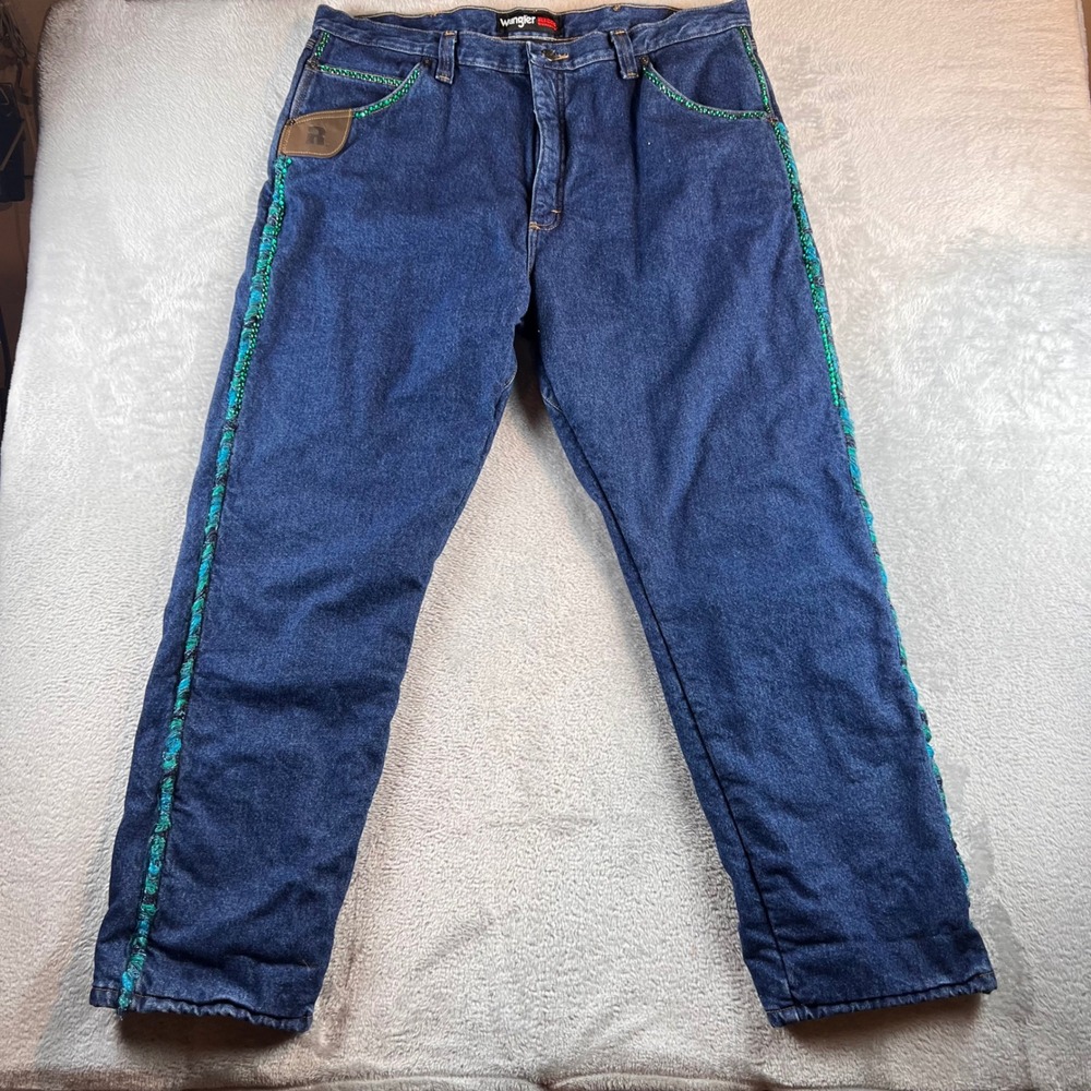 Wrangler Riggs Workwear Mens 40x32 Blue Lined Jeans Custom Rhinestone Stripe